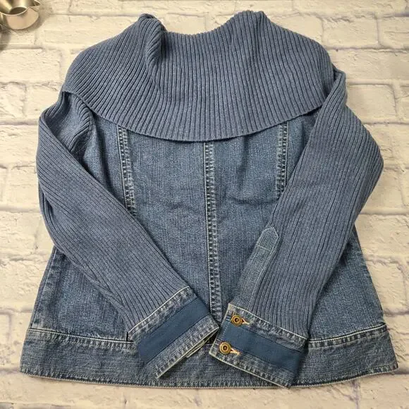 Liz Claiborne Denim Jean Jacket Knit Sleeves Shawl Collar Pocket Cuff Trim sz 14 - Picture 4 of 16